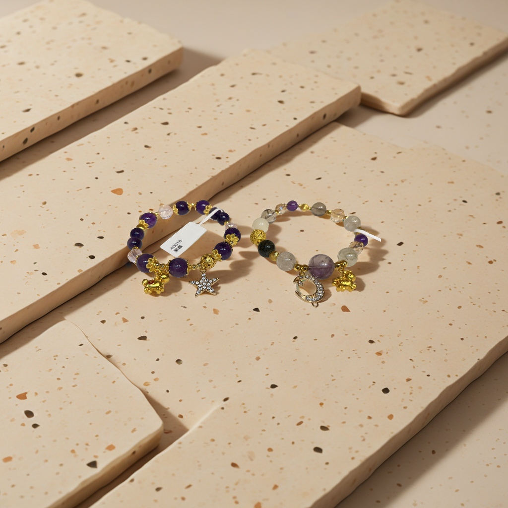 天然石手链紫晶粉晶彩发晶手串时尚简约男女款手饰品礼物详情图2