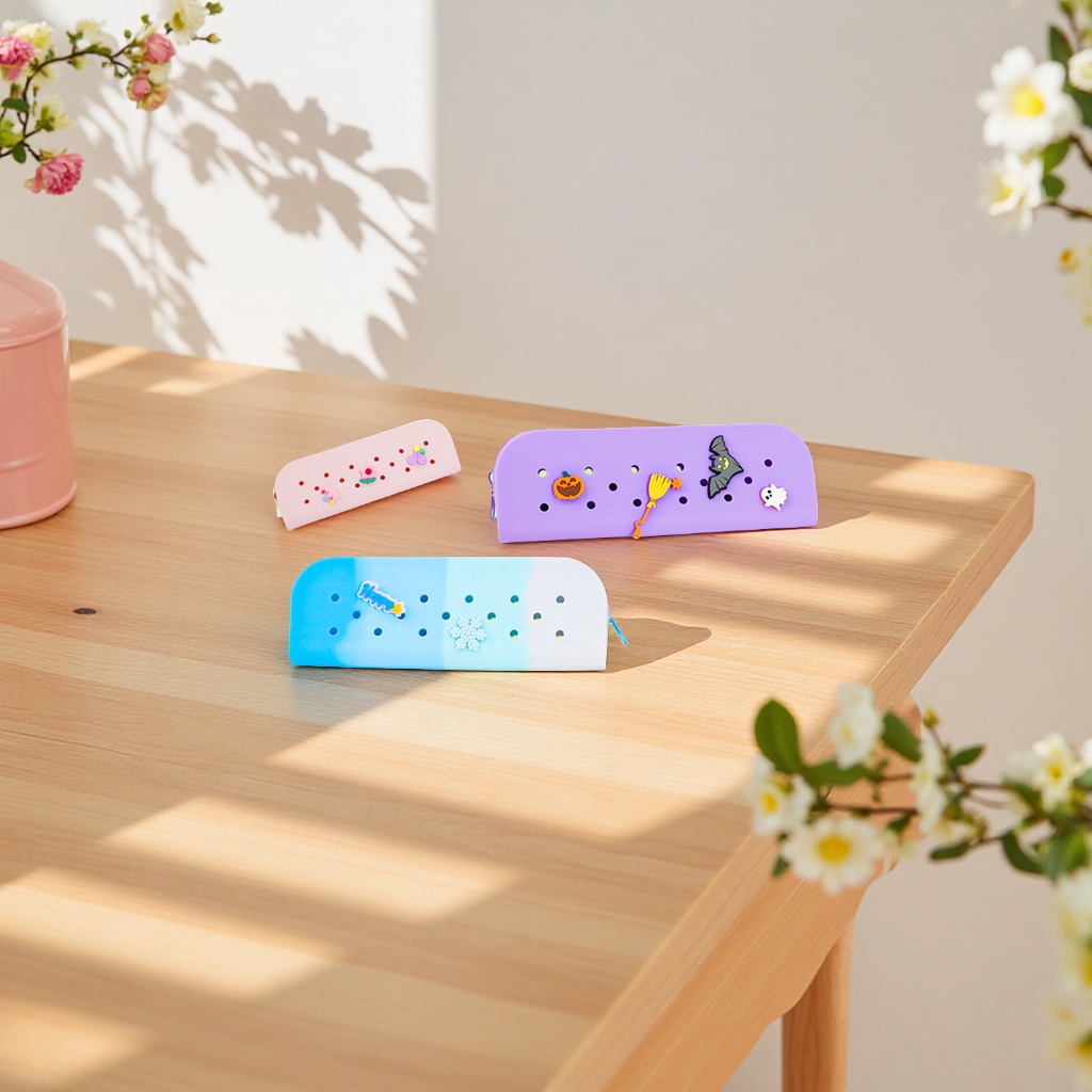 Cross-border DIY silicone hole pen cases, student creative and cute stationery storage bags, learning pen cases wholesale