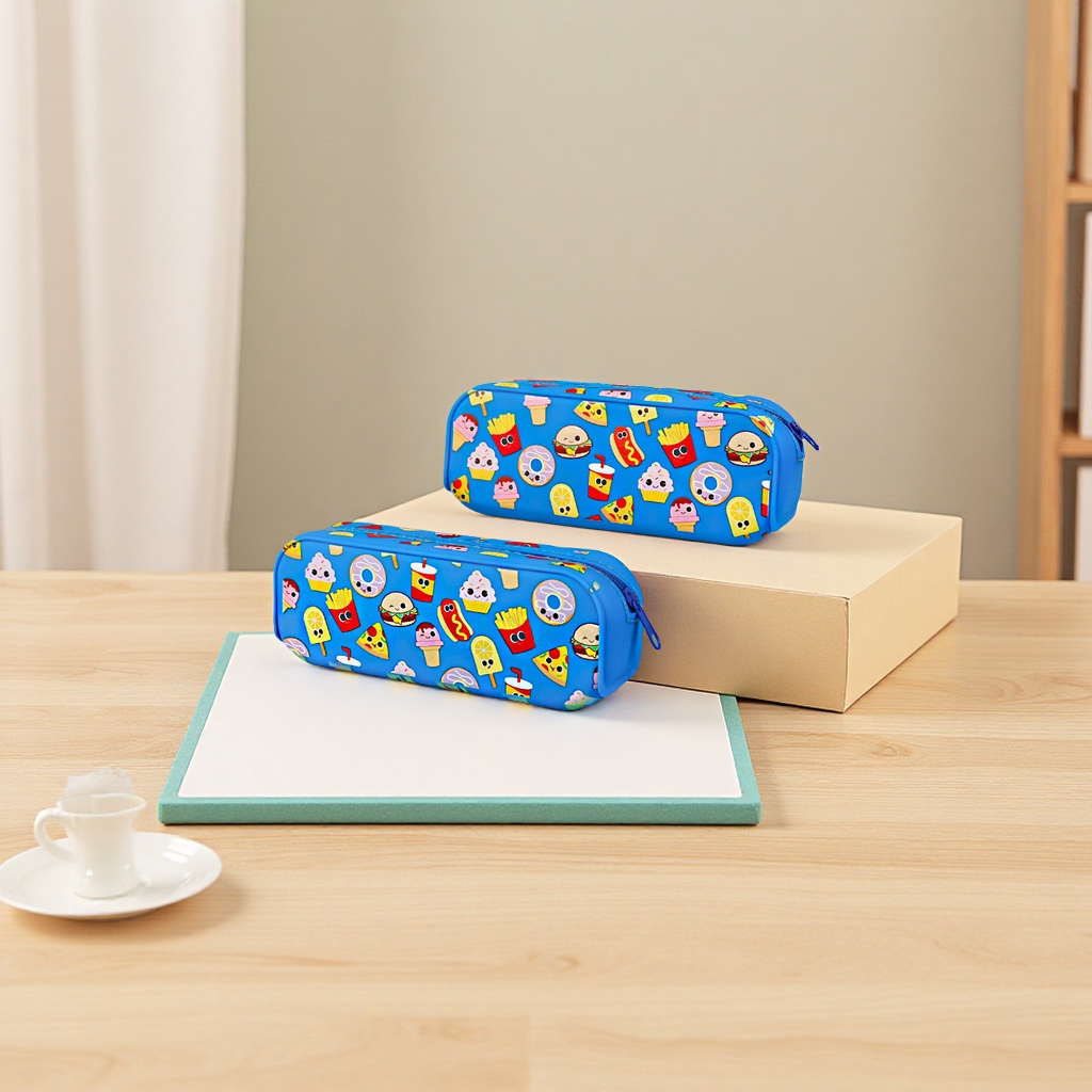 Children's silicone stationery box, printed pen case, large-capacity pencil case for primary school students, cartoon pen case, creative storage
