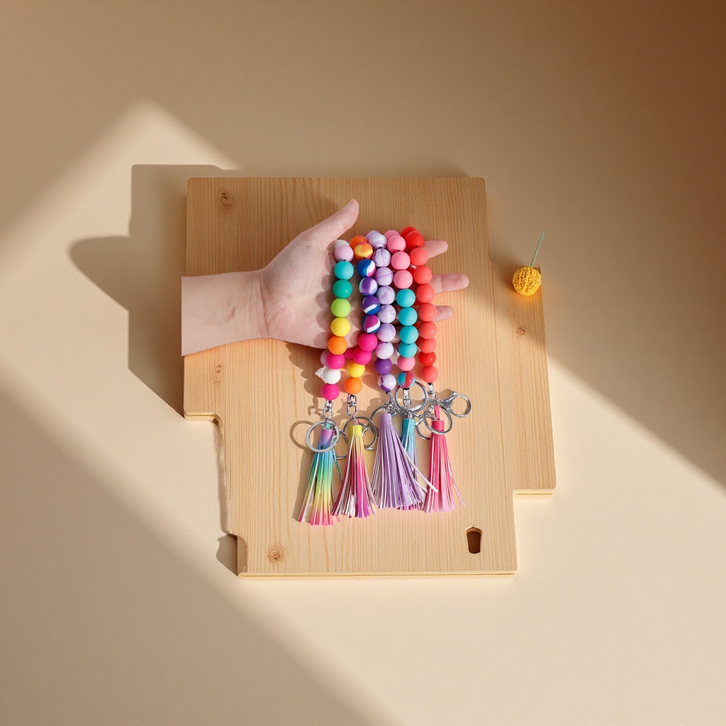 Rainbow silicone bead tassel bracelet, keychain, pendant, mobile phone chain, colorful beaded hanging rope, jewelry, bracelet accessories Specification image