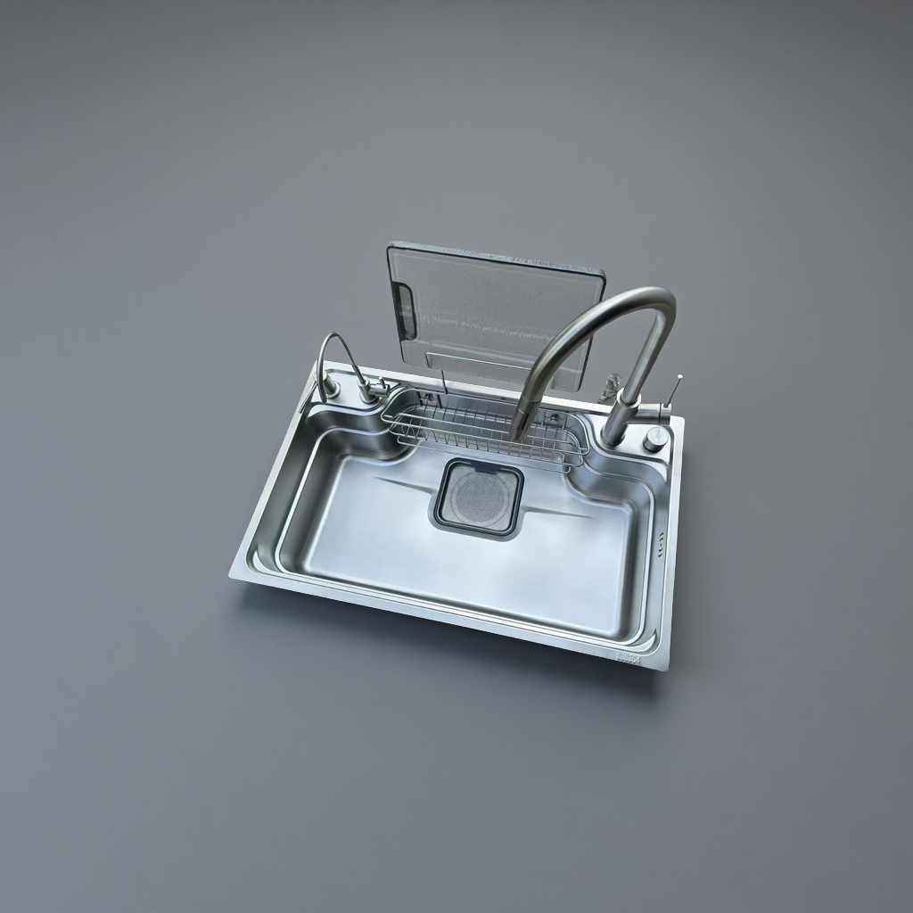 不锈钢厨房水槽家用出口畅销款6848银色7848黑色正宗304一体成型小米粒双港湾盆配菜板中盆葫芦下水隔杂网置物架实厚