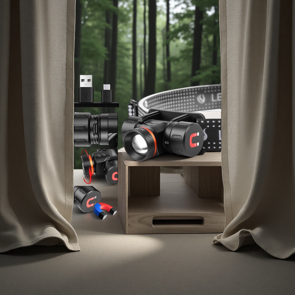 The new portable outdoor headlamp features a rotating zoom head-mounted high-intensity flashlight with rechargeable long-range illumination. It is suitable for mountain climbing, fishing and night running
