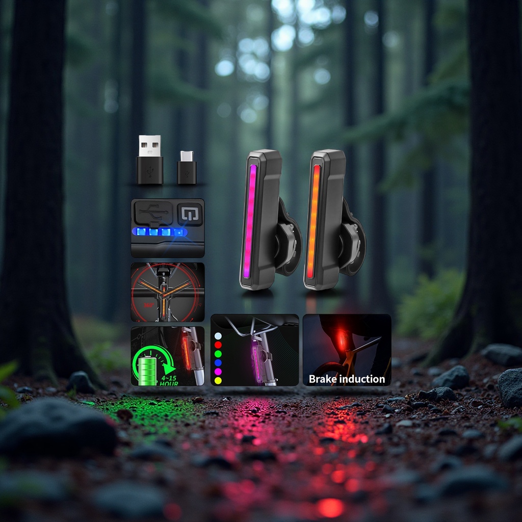 跨境新款智能感应尾灯夜骑自行车RGB多彩警示灯USB充电骑行灯夜骑灯固定电筒