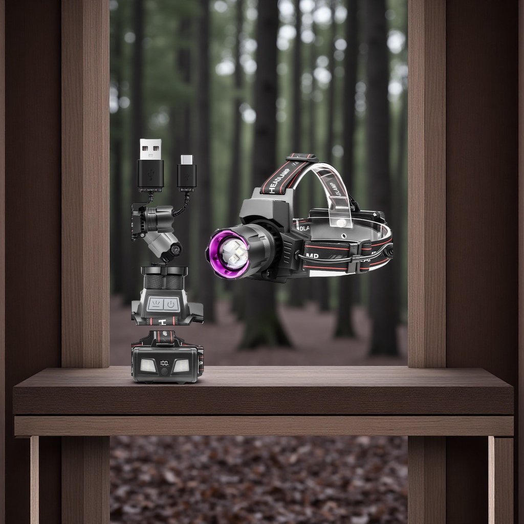 跨境新款白激光变焦395UV紫光头灯头戴式数显USB充电户外强光紫光头灯