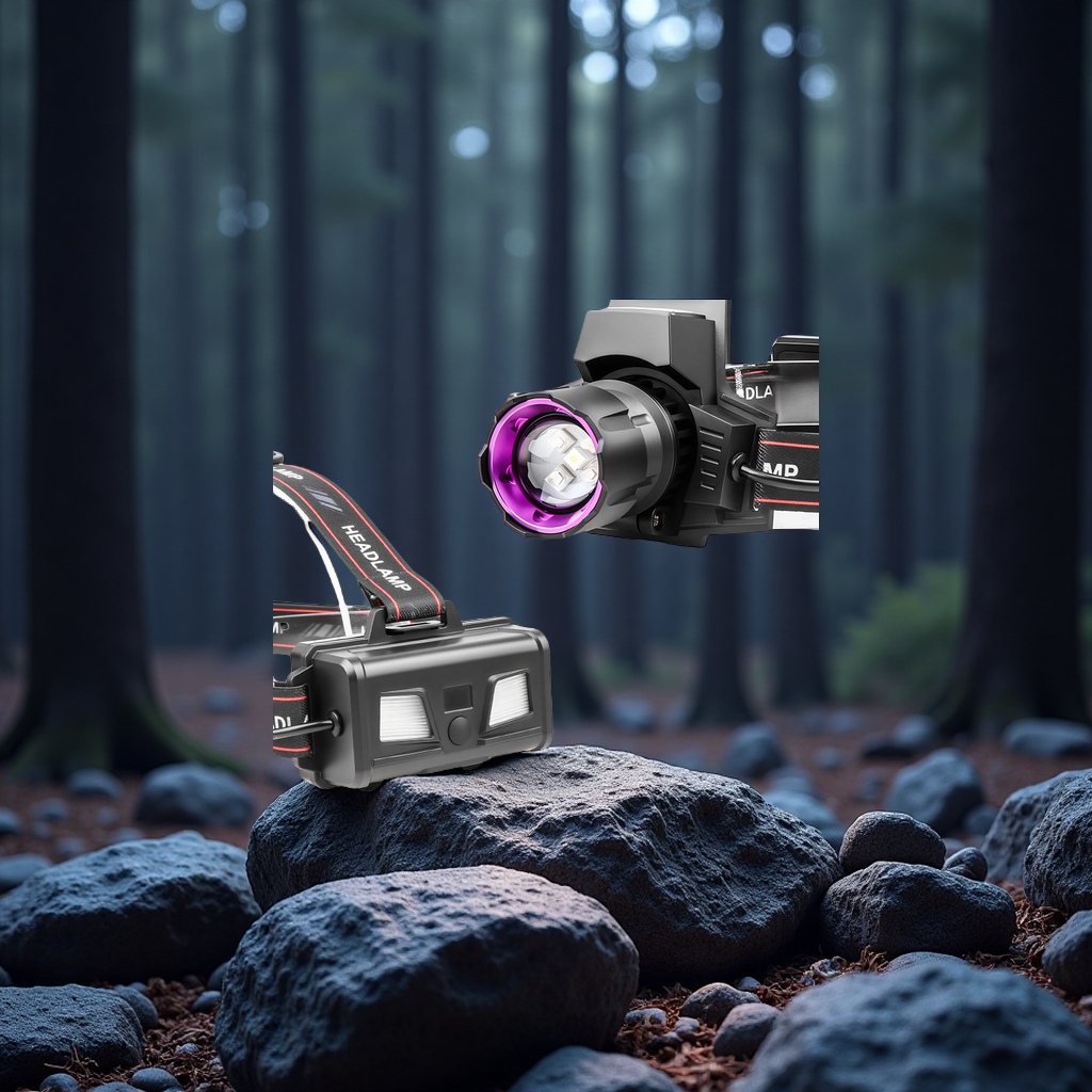 The new cross-border white laser zoom 395UV ultraviolet headlamp is a head-mounted digital display USB charging outdoor high-intensity ultraviolet headlamp Application Scenario