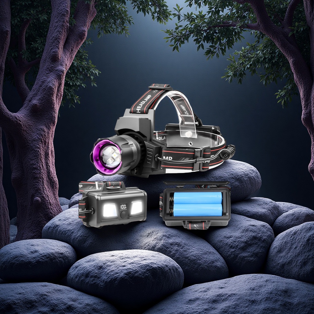 The new cross-border white laser zoom 395UV ultraviolet headlamp is a head-mounted digital display USB charging outdoor high-intensity ultraviolet headlamp Item Picture