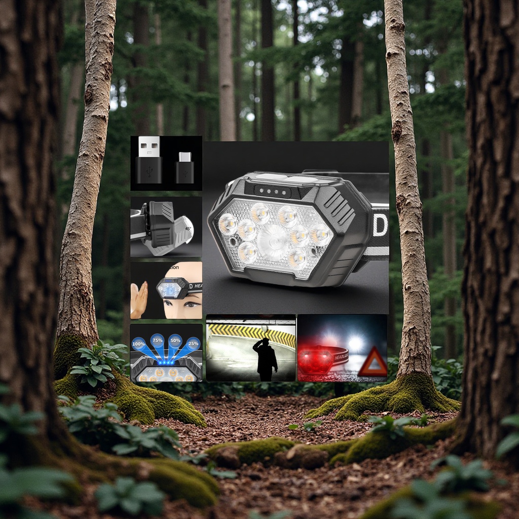 跨境新品长续航强光头灯带反光条多色温轻便小巧户外头戴式电筒