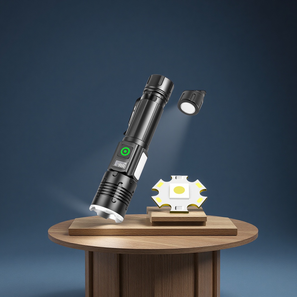 跨境新品白激光LED手电筒数显TYPE-C充电侧灯红白光强光手握式照明工具