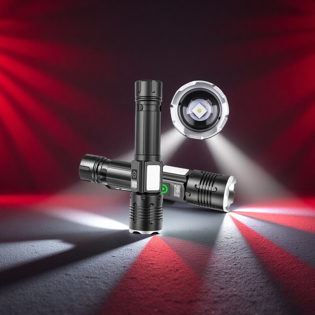 Cross-border new product: White laser LED flashlight, digital display TYPE-C, charging side light, red and white strong light, handheld lighting tool Item Picture