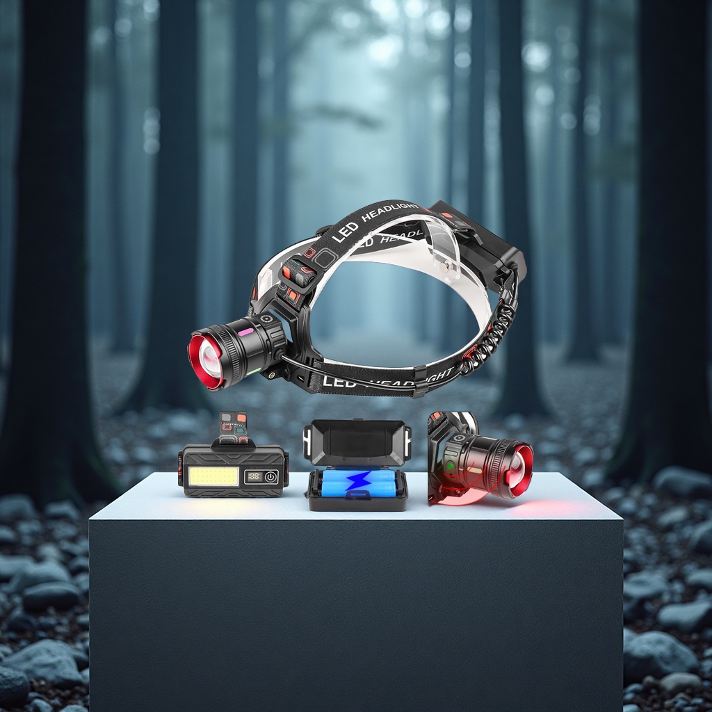 跨境新品30W白激光头灯COB尾灯红光警示头戴式变焦感应充电头灯