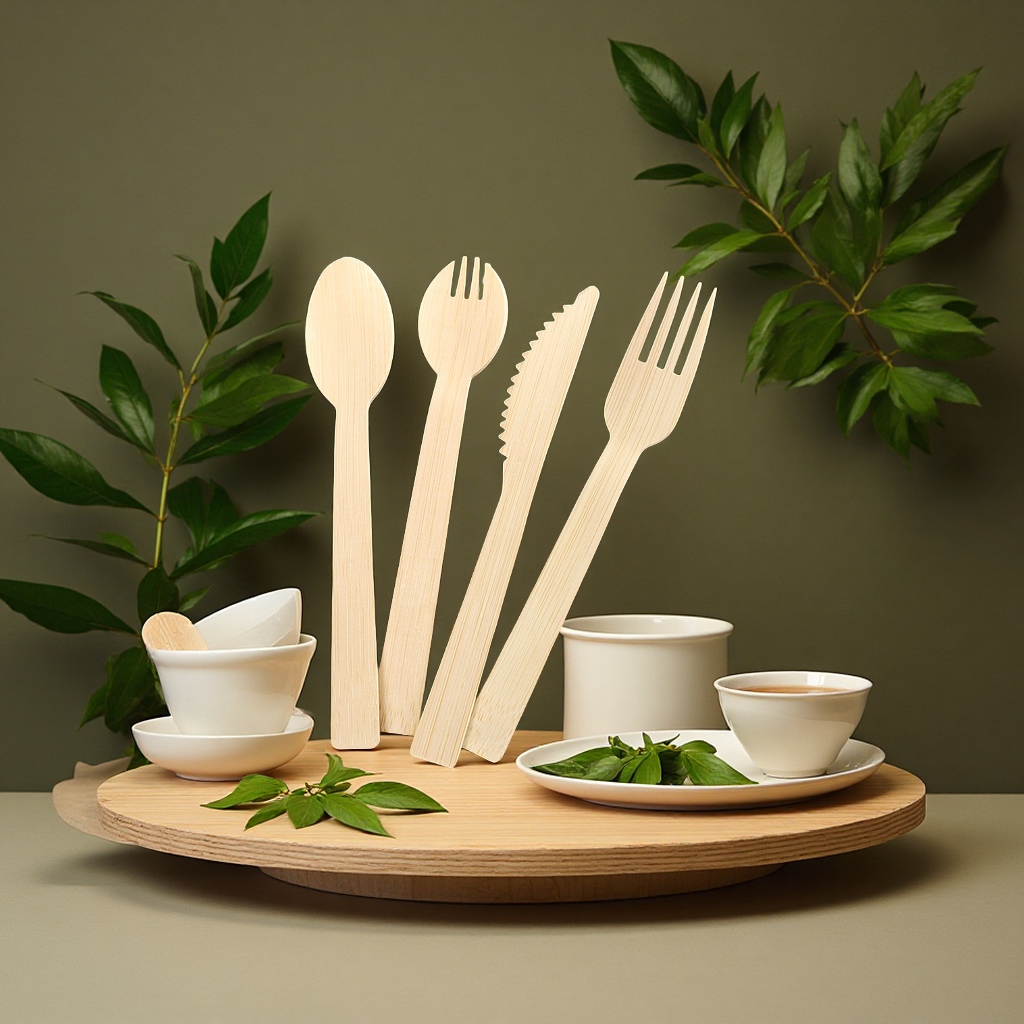 Eco-friendly bamboo tableware, 17cm disposable knife, fork and spoon, bamboo knife, bamboo fork and bamboo spoon, ice cream spoon, logo embossing tableware set details Picture