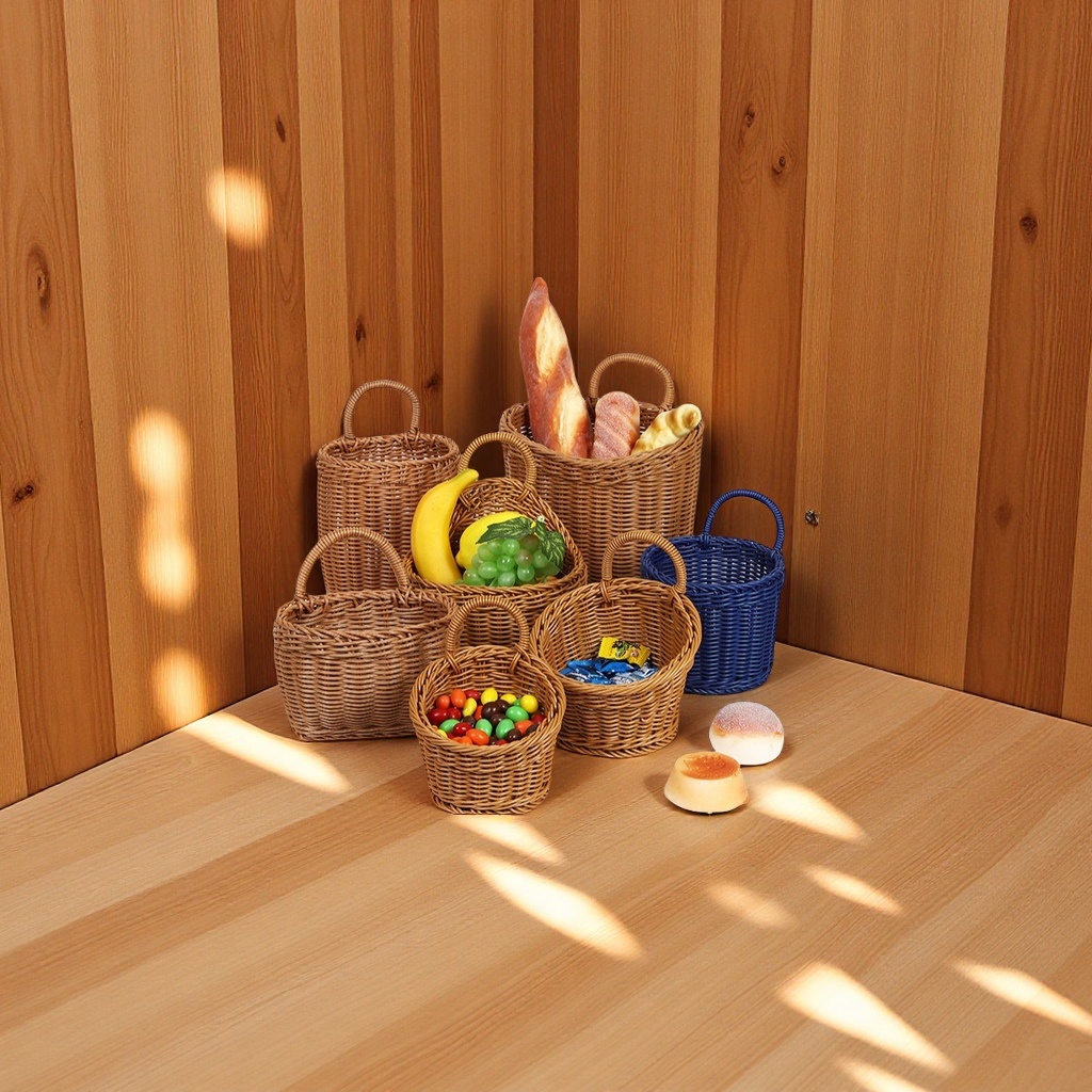 Imitation rattan kitchen ginger and garlic storage basket, wall-mounted basket, retro hand-held small flower basket, kitchenware hanging basket, storage basket thumbnail