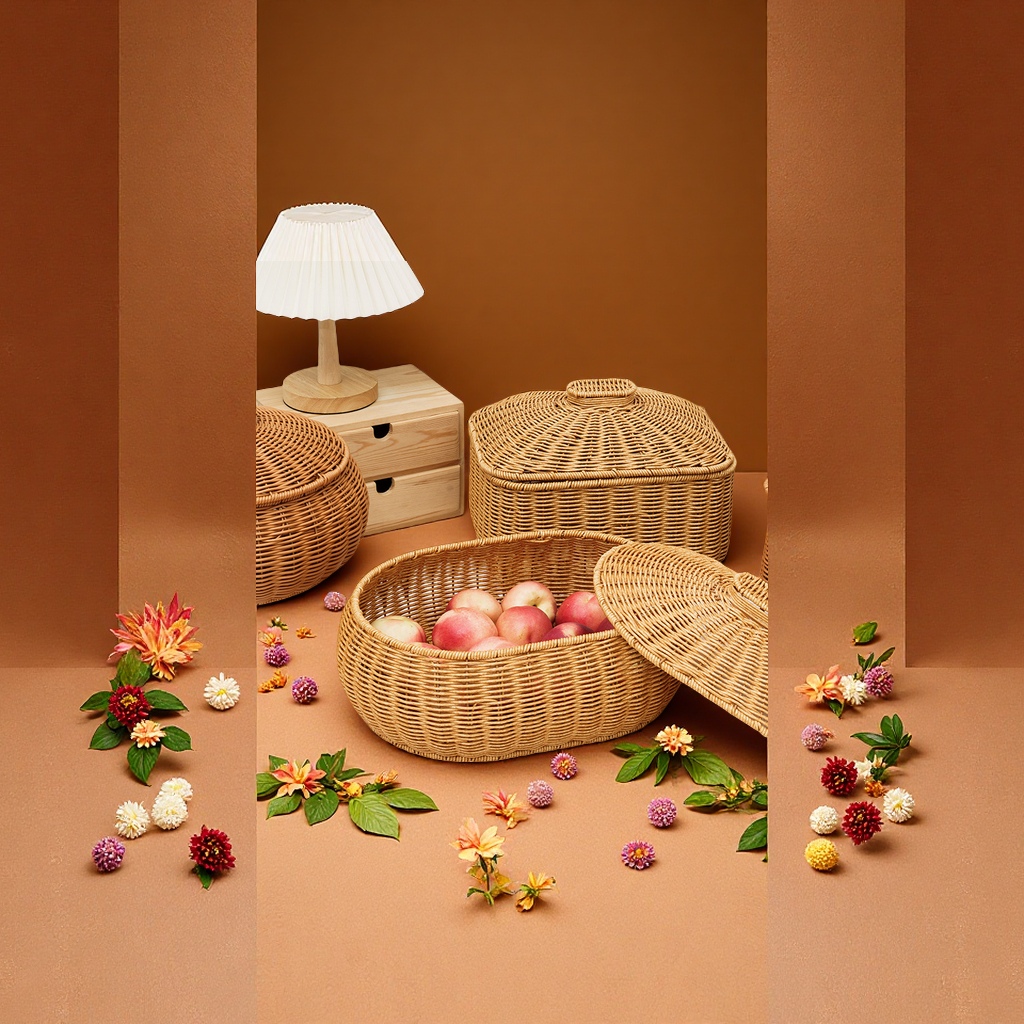 Fruit basket, round rattan woven storage basket with lid, snack, toy, jewelry and cosmetics storage box, imitation rattan woven storage basket thumbnail