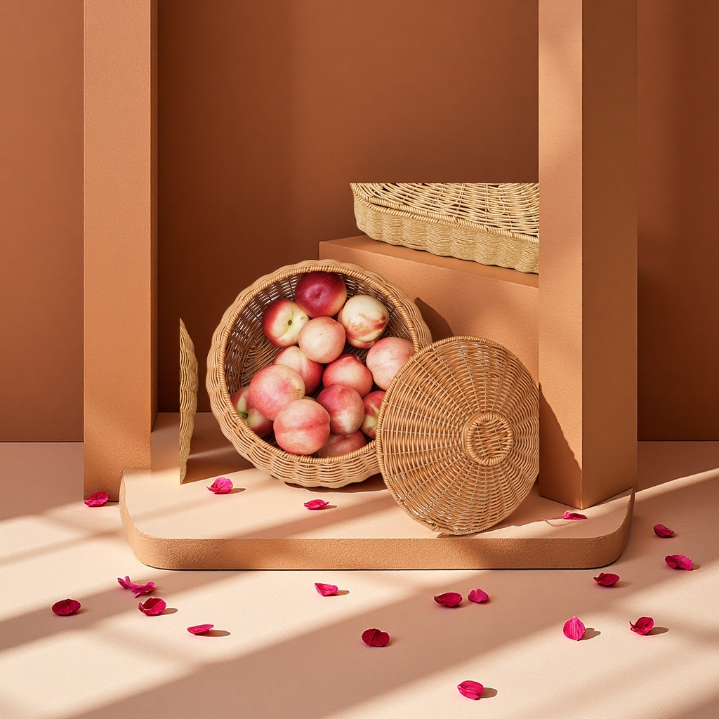 Fruit basket, round rattan woven storage basket with lid, snack, toy, jewelry and cosmetics storage box, imitation rattan woven storage basket details Picture