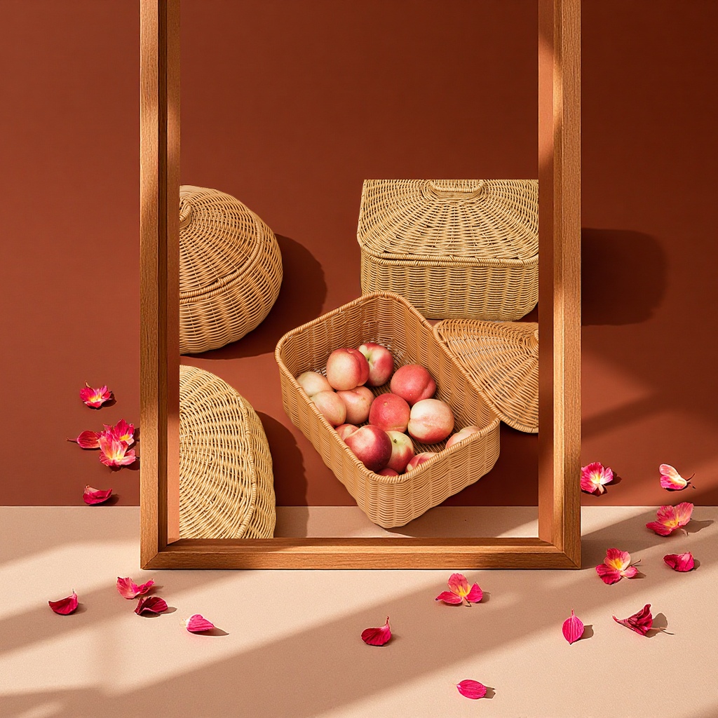 Fruit basket, round rattan woven storage basket with lid, snack, toy, jewelry and cosmetics storage box, imitation rattan woven storage basket Application Scenario
