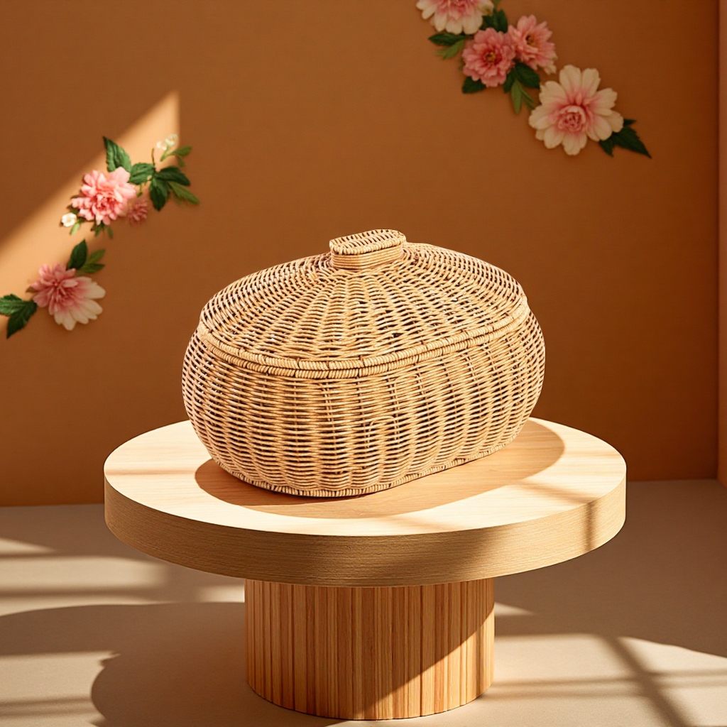 Fruit basket, round rattan woven storage basket with lid, snack, toy, jewelry and cosmetics storage box, imitation rattan woven storage basket Item Picture