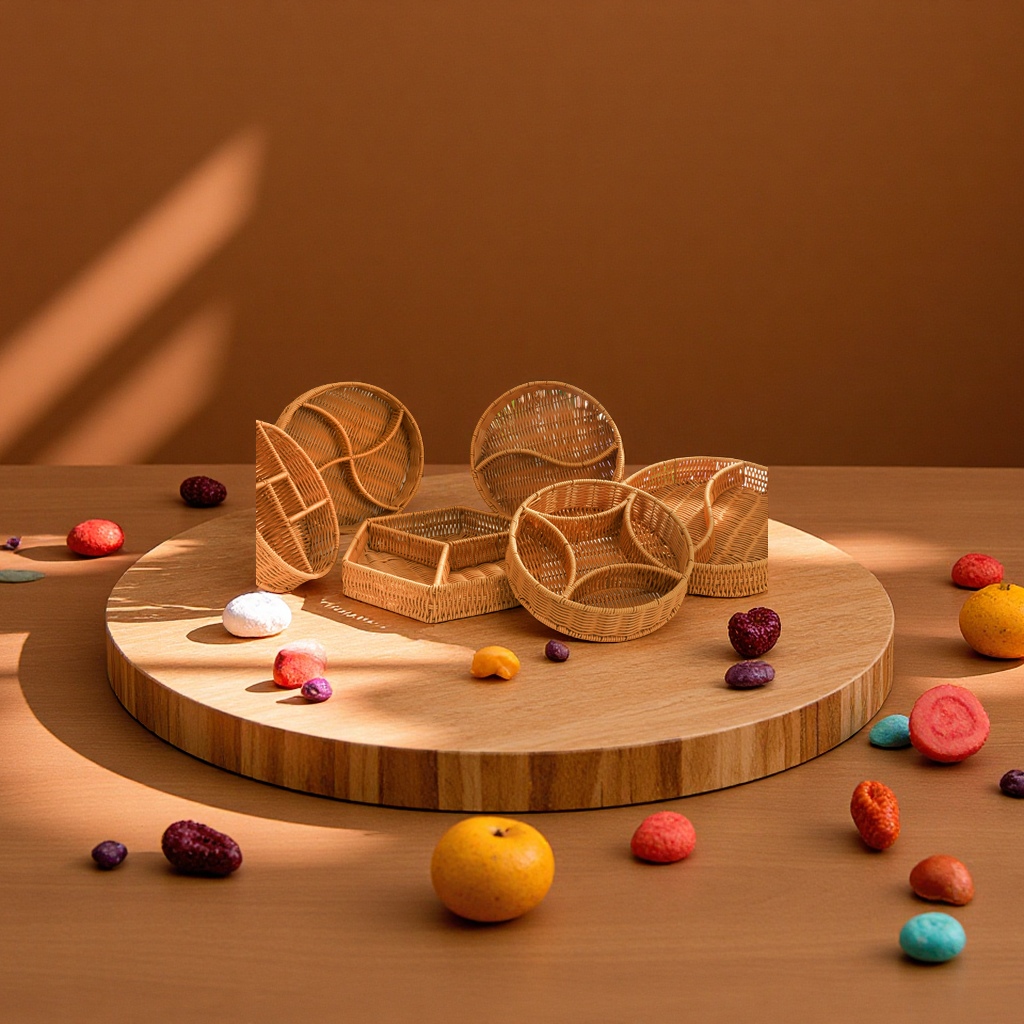 Desktop fruit candy, rattan woven hot pot, vegetable and pastry storage basket, creative tableware, commercial compartmentalized plate, self-service barbecue storage basket thumbnail