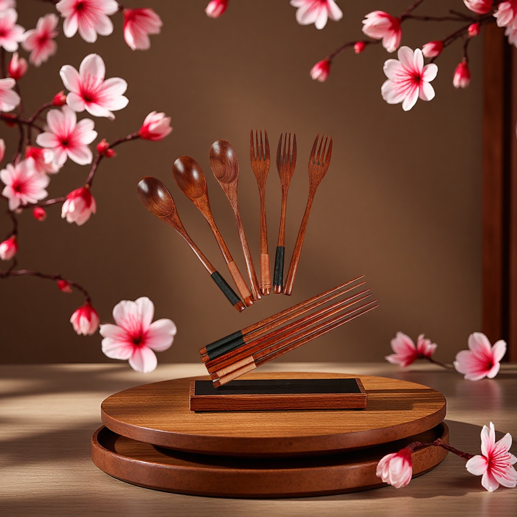 Factory direct supply of Japanese-style nanmu chopsticks, spoons and forks three-piece set, old lacquer wound wooden tableware and spoons wholesale full figure