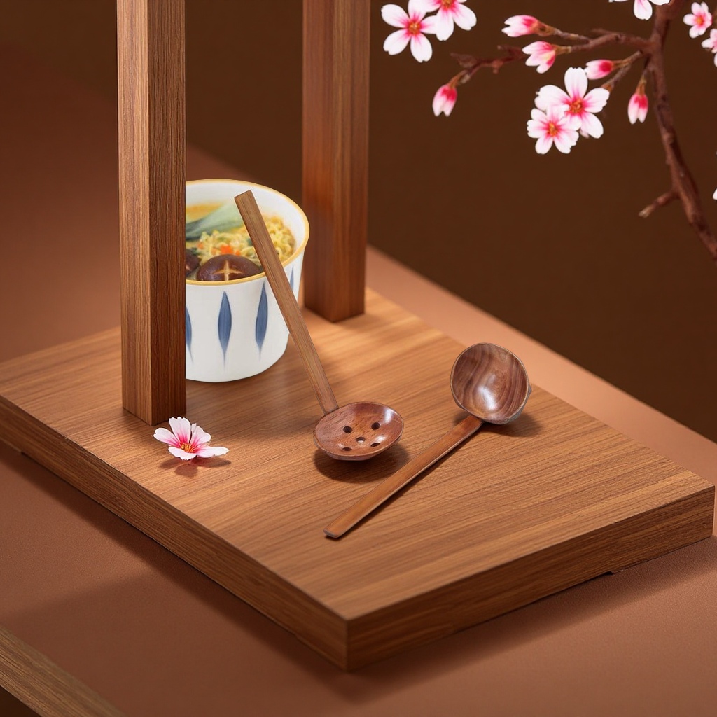 A set of popular Japanese-style long-handled solid wood soup spoons, turtle shell ramen, hot pot, spicy hot pot, misen soup, strainer spoons, chopsticks and spoons full figure