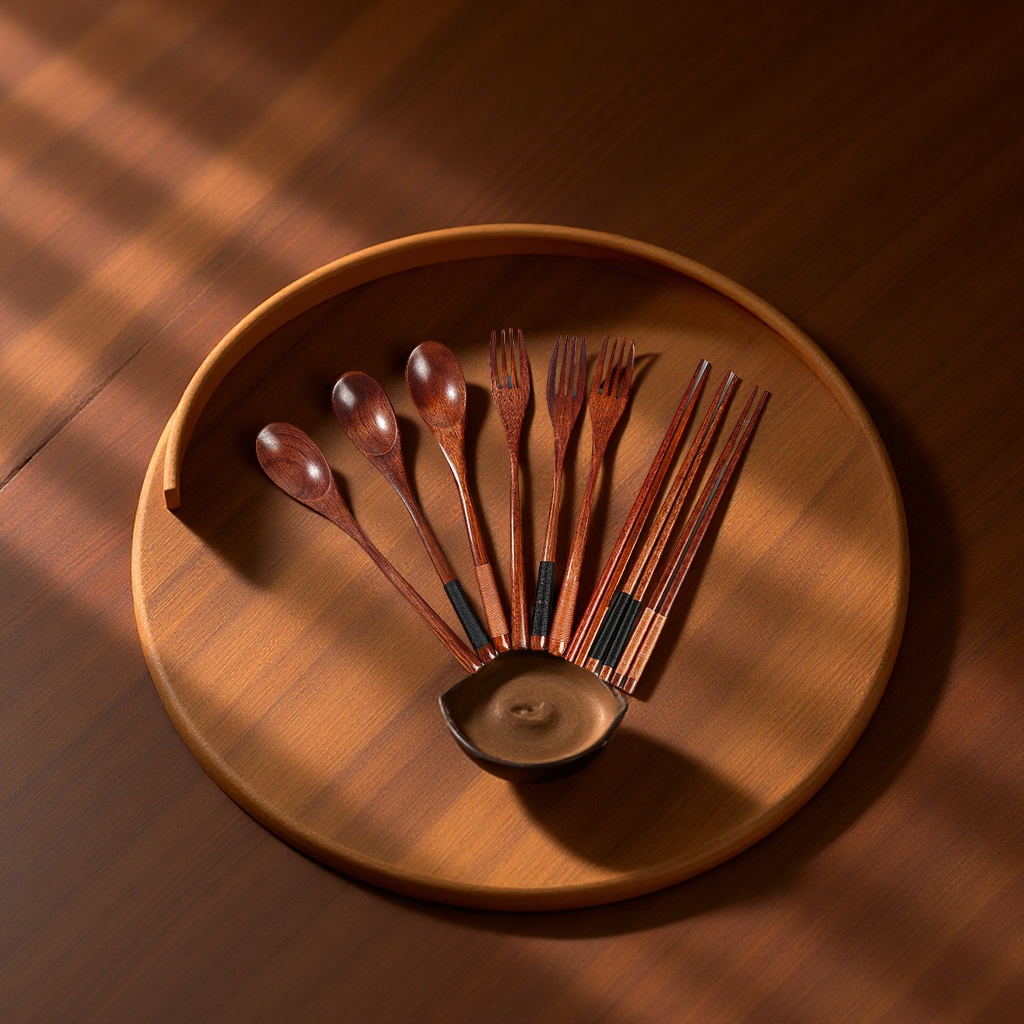 Factory direct supply of Japanese-style nanmu chopsticks, spoons and forks three-piece set, old lacquer wound wooden tableware and spoons wholesale Item Picture