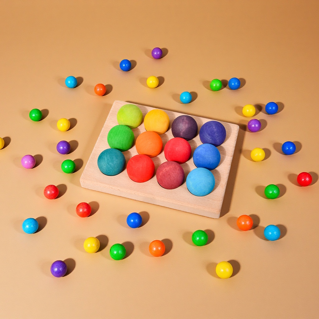 Wooden rainbow balls in 12 colors, Montessori educational AIDS, educational ball toys, children's solid wood building blocks, round balls full figure