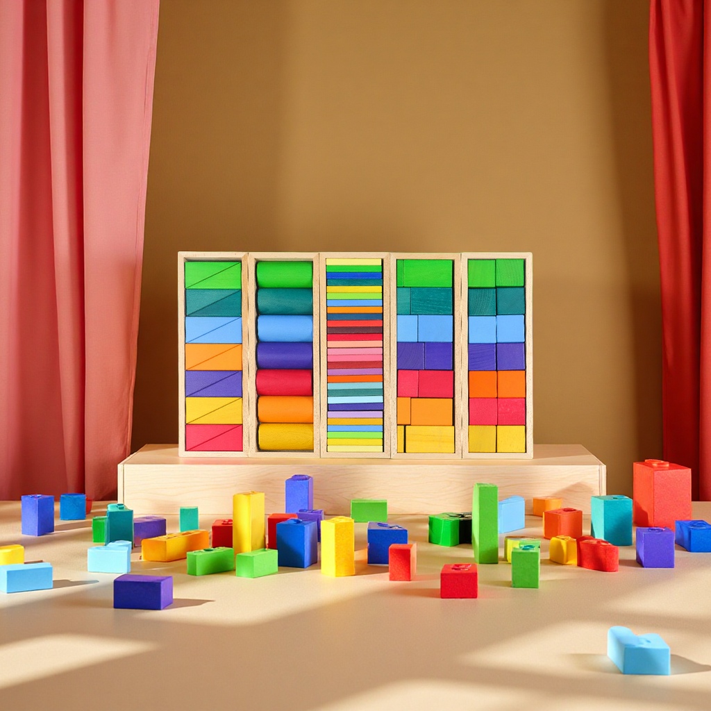 Rainbow geometric building blocks cognitive assembly and stacking educational toys, creative wooden color matching irregularly shaped children's early education toys full figure