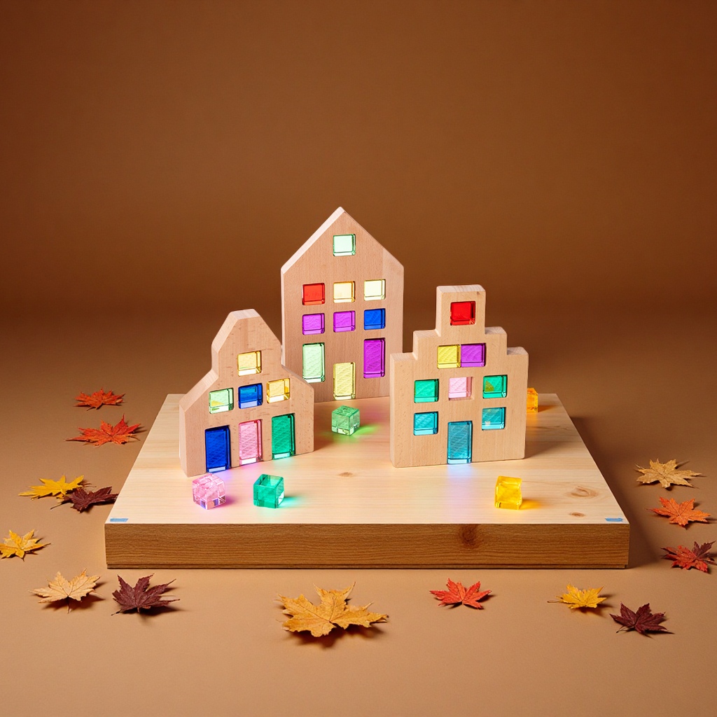 Beech wood house building blocks with Windows, solid wood scene construction toys, early education and intelligence intelligence transparent acrylic building blocks, children's toys full figure