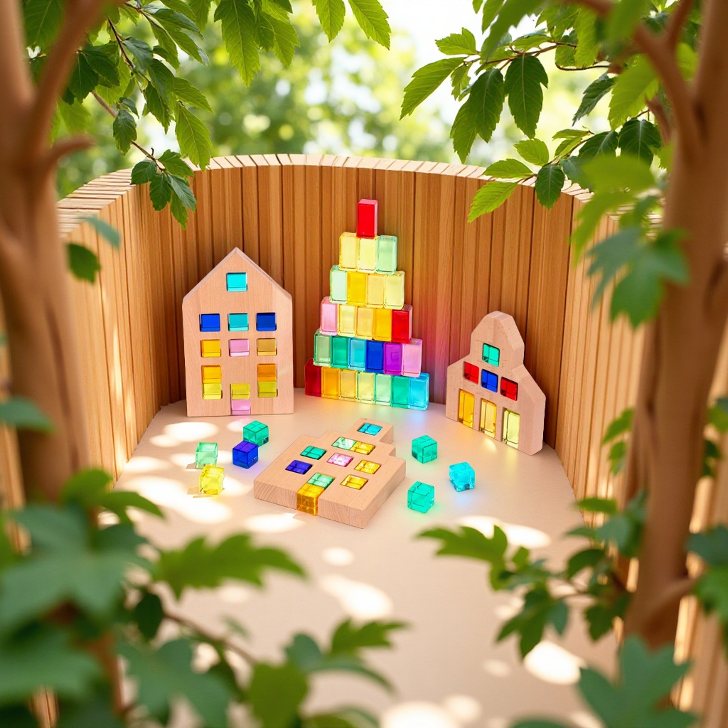Beech wood house building blocks with Windows, solid wood scene construction toys, early education and intelligence intelligence transparent acrylic building blocks, children's toys details Picture