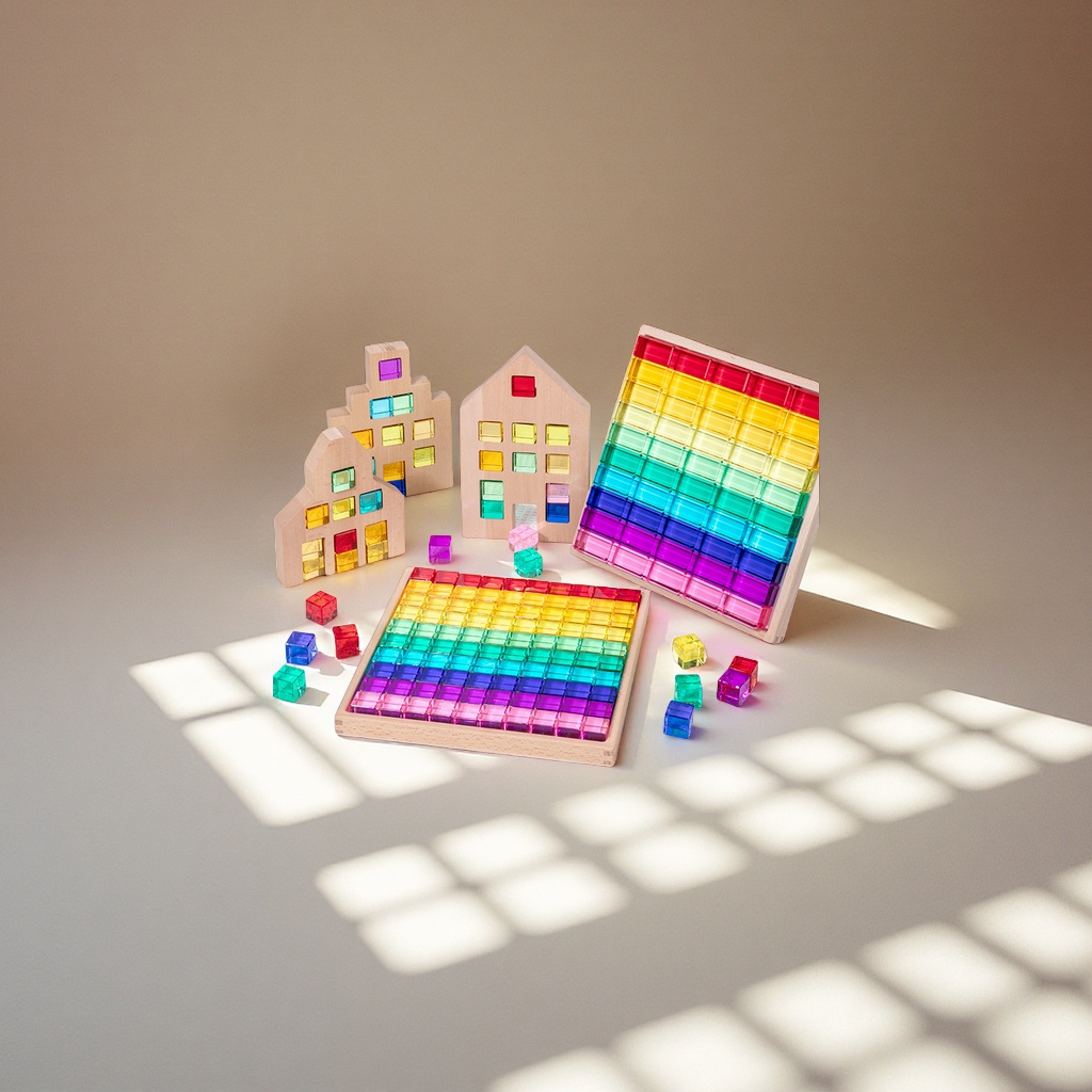 Acrylic building blocks, high-transparency square sports lottery rainbow Light and shadow gemstone, creative building toys for kindergartens, children's educational building blocks combination details Picture