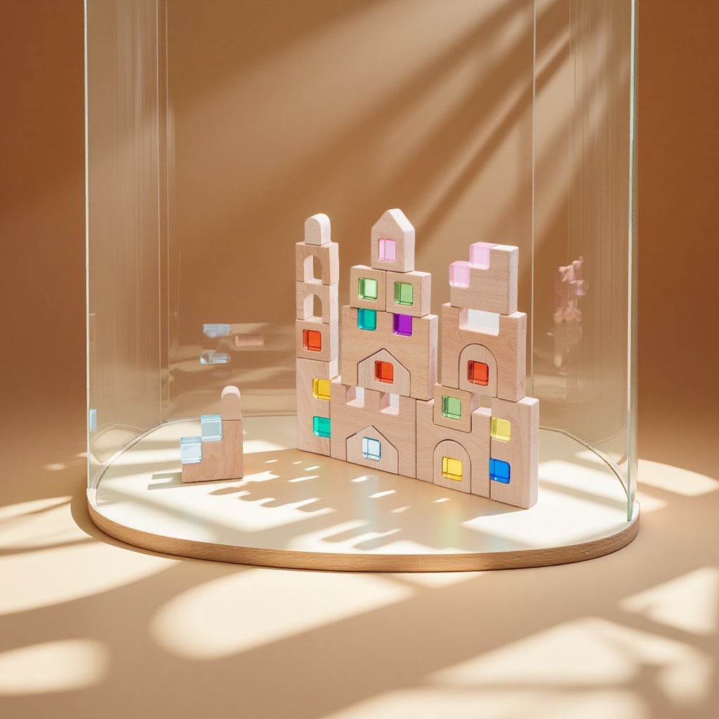 Fairy tale Town Wooden building block Castle, kindergarten building puzzle toys, transparent acrylic light and shadow building blocks, children's early education enlightenment toys details Picture