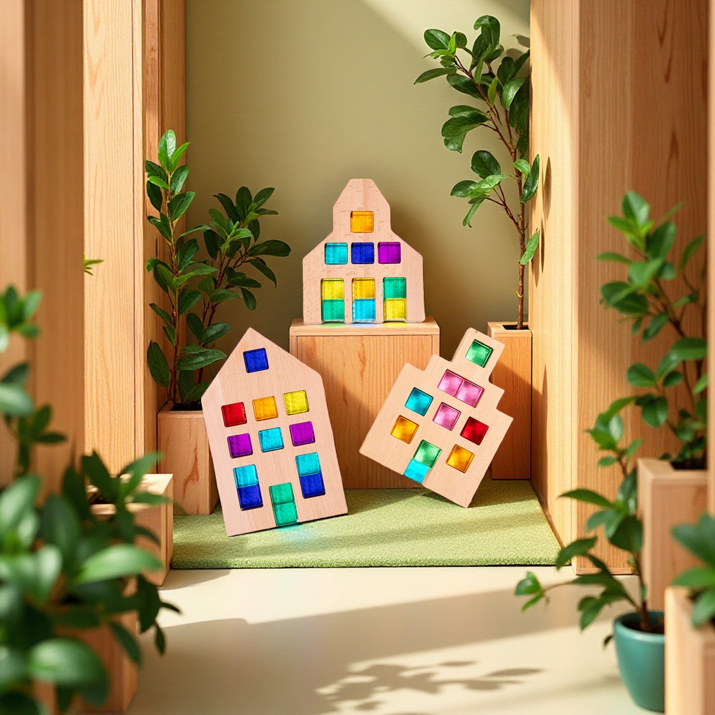 Beech wood house building blocks with Windows, solid wood scene construction toys, early education and intelligence intelligence transparent acrylic building blocks, children's toys Specification drawing