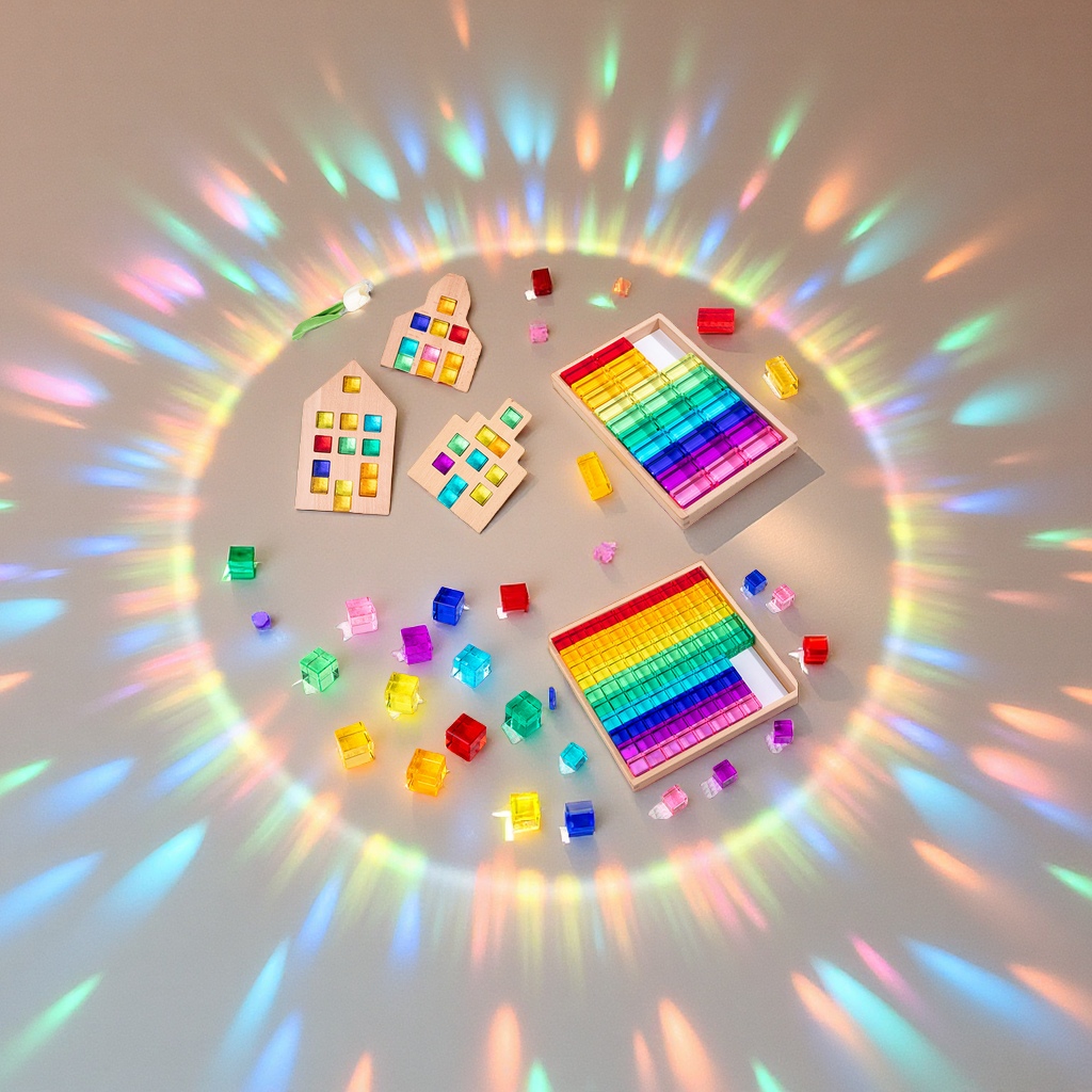 Acrylic building blocks, high-transparency square sports lottery rainbow Light and shadow gemstone, creative building toys for kindergartens, children's educational building blocks combination Specification drawing