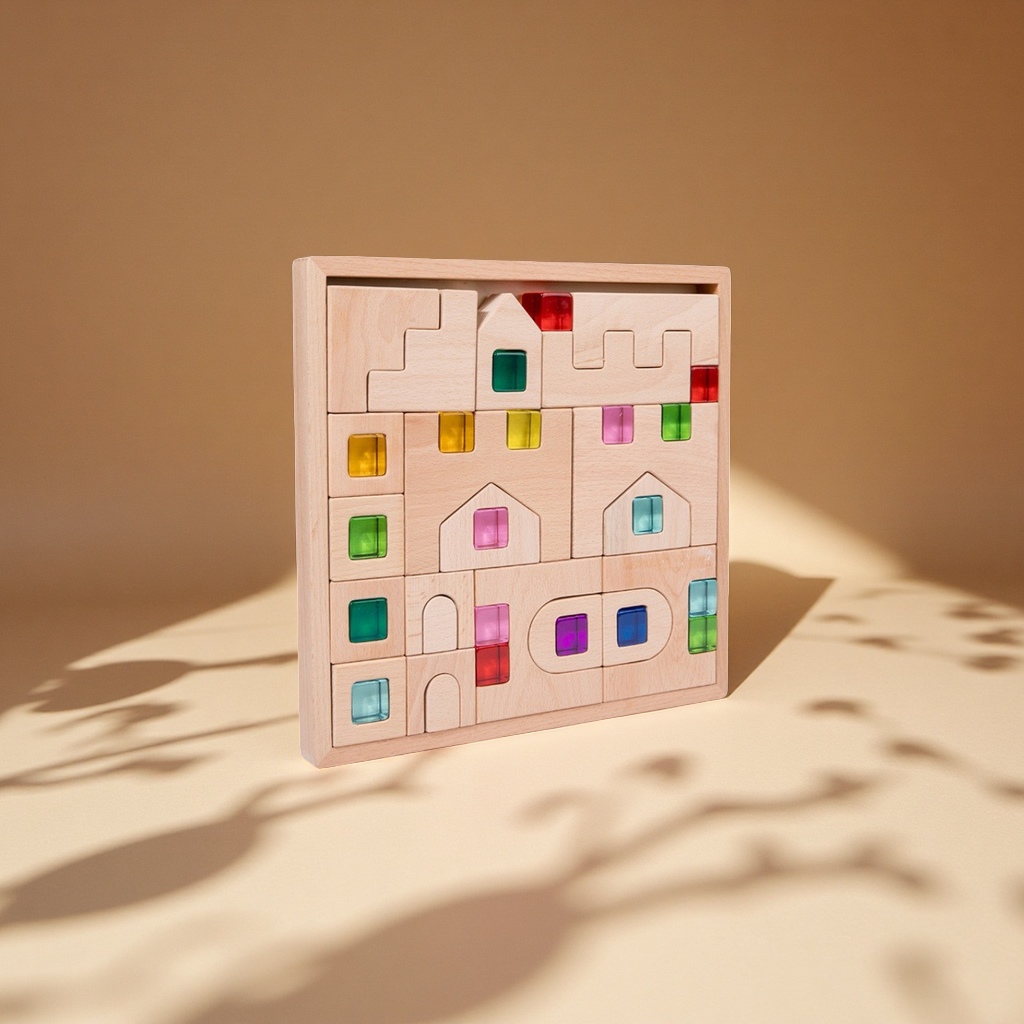 Fairy tale Town Wooden building block Castle, kindergarten building puzzle toys, transparent acrylic light and shadow building blocks, children's early education enlightenment toys Specification drawing