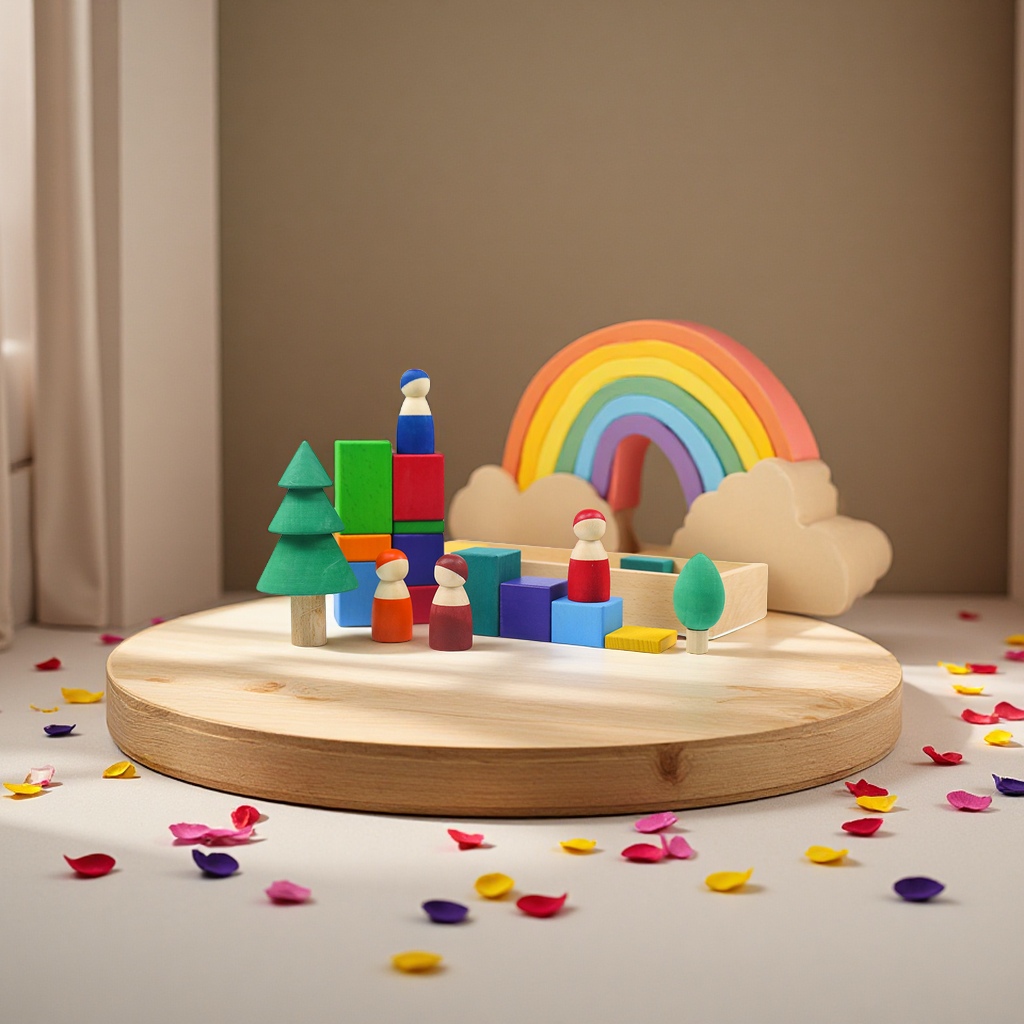 Rainbow geometric building blocks cognitive assembly and stacking educational toys, creative wooden color matching irregularly shaped children's early education toys Item Picture