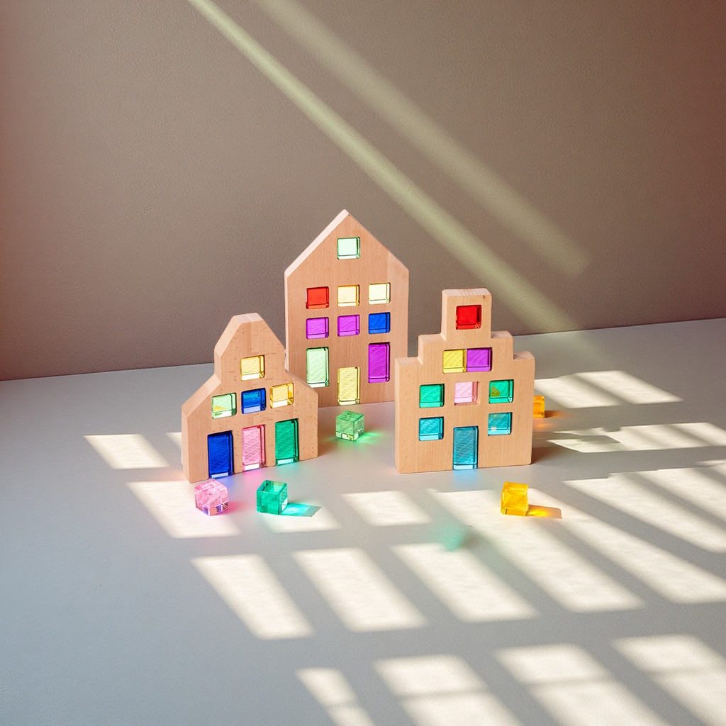 Acrylic building blocks, high-transparency square sports lottery rainbow Light and shadow gemstone, creative building toys for kindergartens, children's educational building blocks combination Application Scenario
