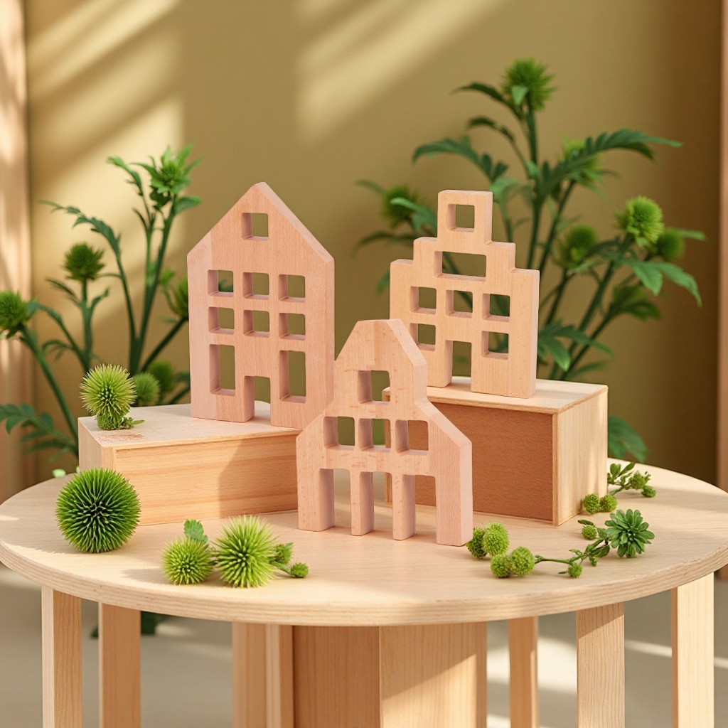 Beech wood house building blocks with Windows, solid wood scene construction toys, early education and intelligence intelligence transparent acrylic building blocks, children's toys Item Picture