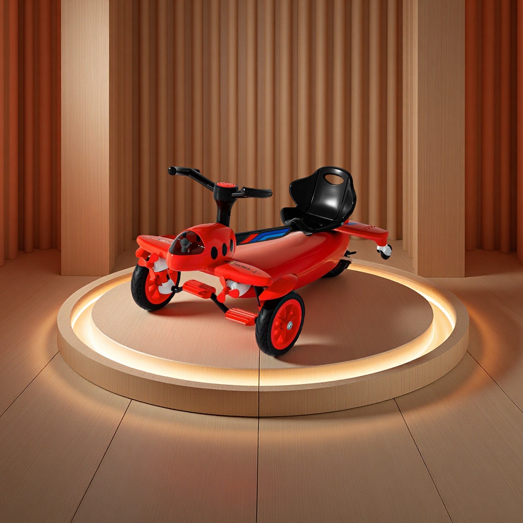 新款儿童飞机漂移车，灯光音乐座椅长度可调节，前轮静音橡胶防滑轮，后轮静音灯光万向轮，配备安全带。KM-8618产品图