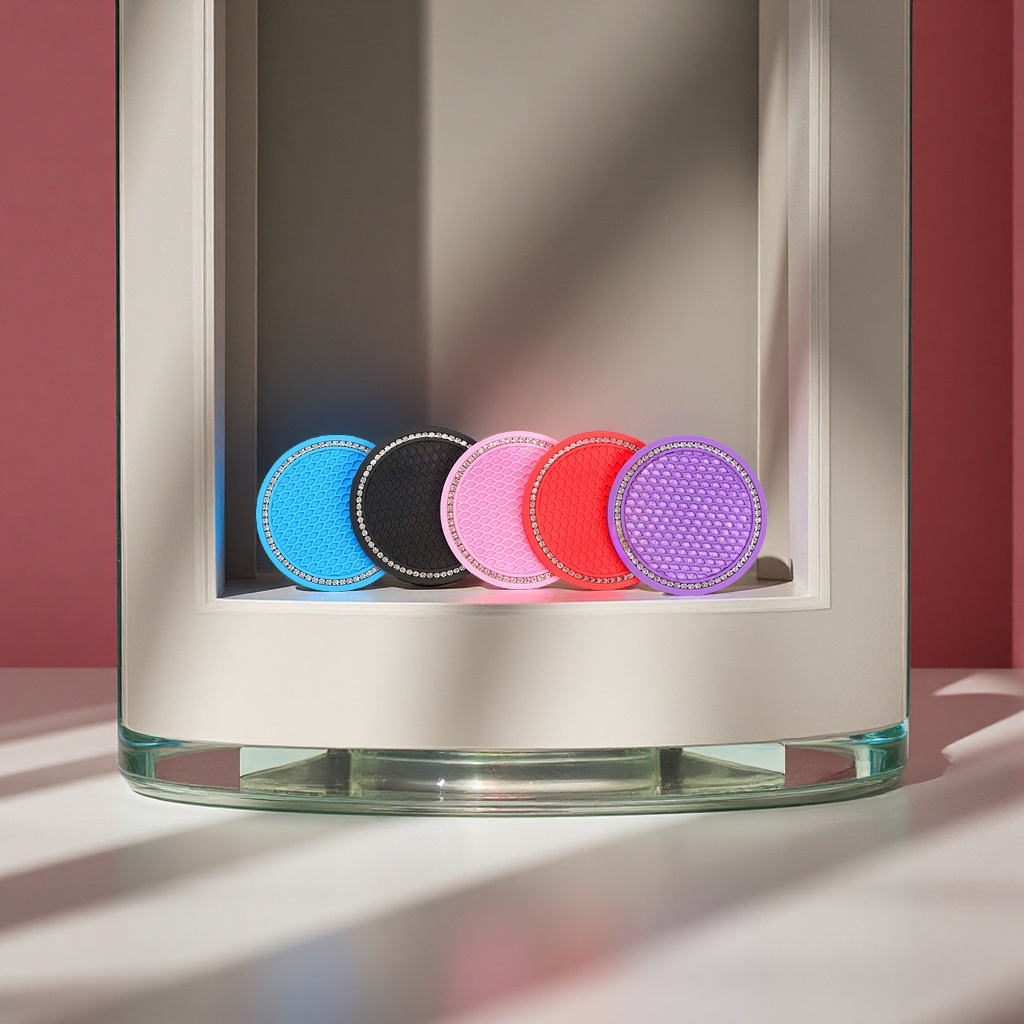 跨境源头现货圆形网格软胶镶钻汽车水杯垫防滑创意收纳垫汽车用品