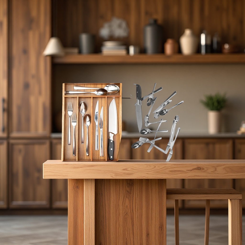 Acacia wood kitchen drawer storage, tableware and silverware stand, acacia wood organization box, daily necessities organization tool partition Specification drawing