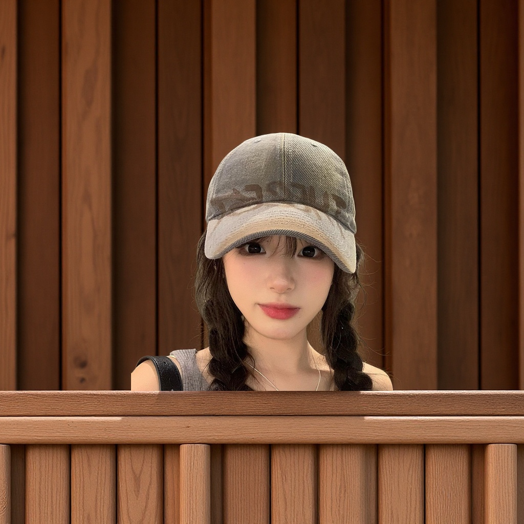 American retro letter grey baseball cap for women, wide brim, big face to show off, small baseball cap, versatile, big head circumference hat, clothing accessories Specification image
