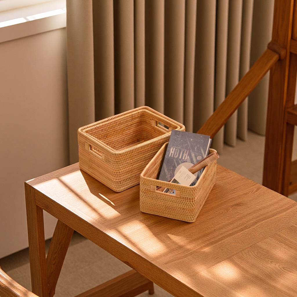 越南秋藤编手工收纳篮三件套方形桌面整理筐日用百货收纳盒防尘置物篮