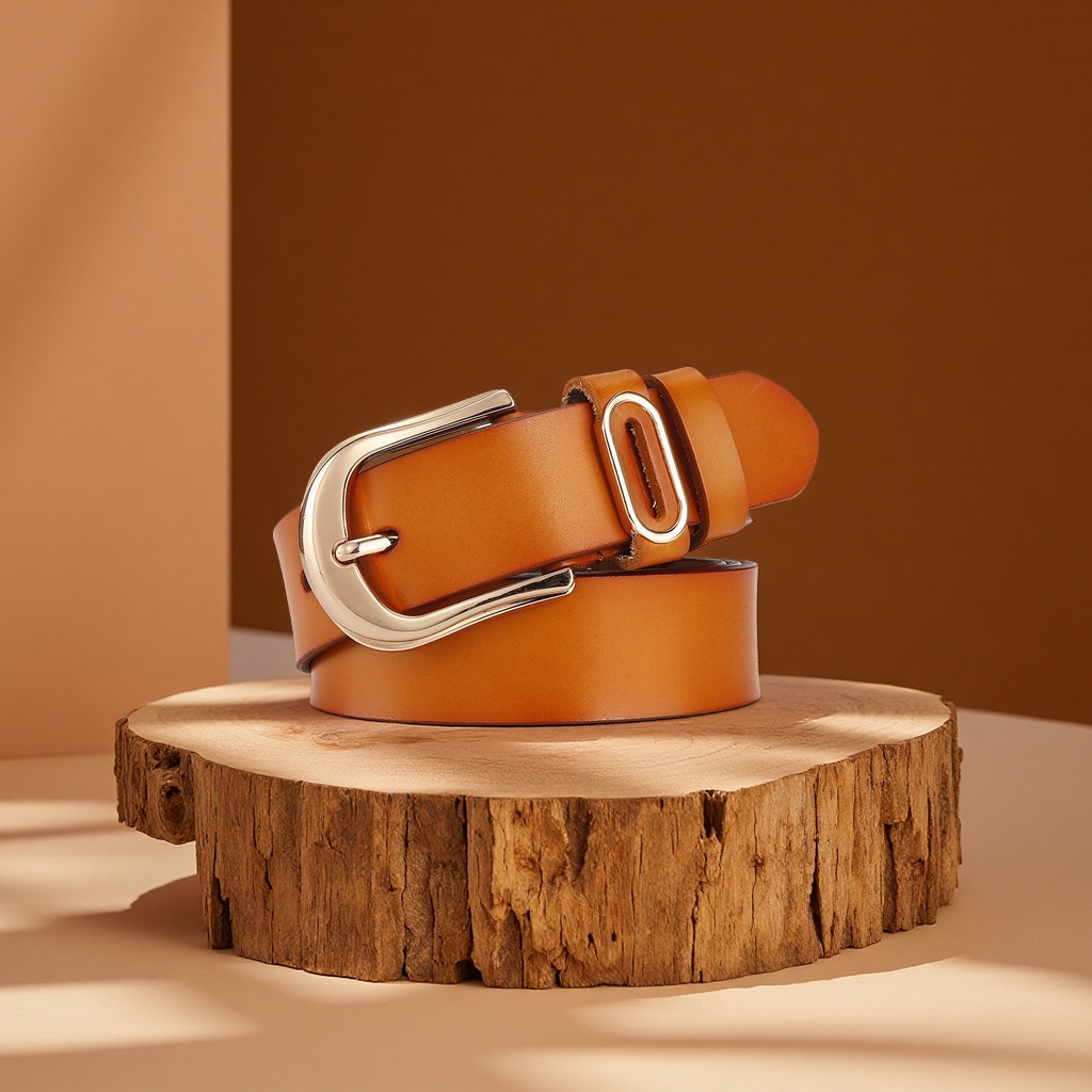 Ladies' genuine leather gold pin buckle wide waist belt, casual and versatile, cowhide flat belt, one-piece consignment clothing accessory Specification image