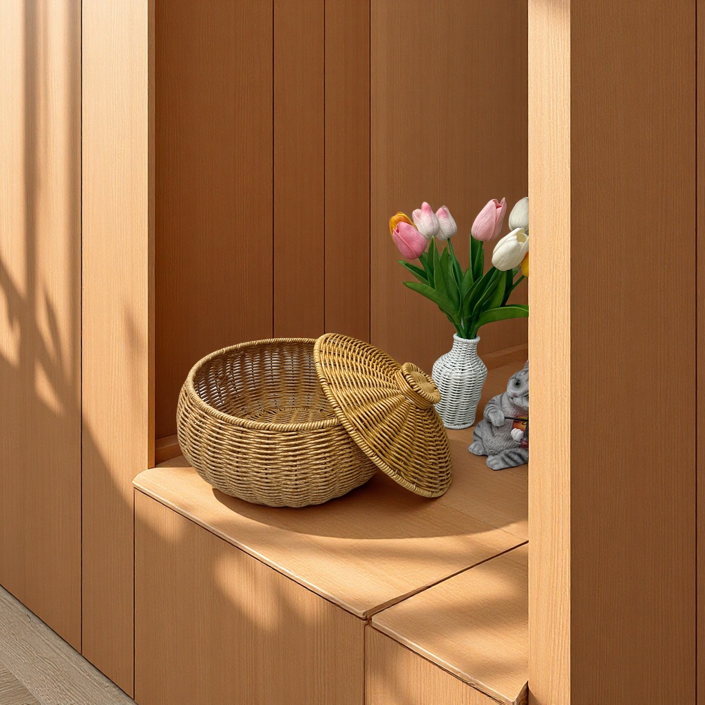 Fruit round rattan storage basket with lid, blue storage basket, jewelry, cosmetics, toys, sorting box, daily necessities, dust-proof storage basket full figure