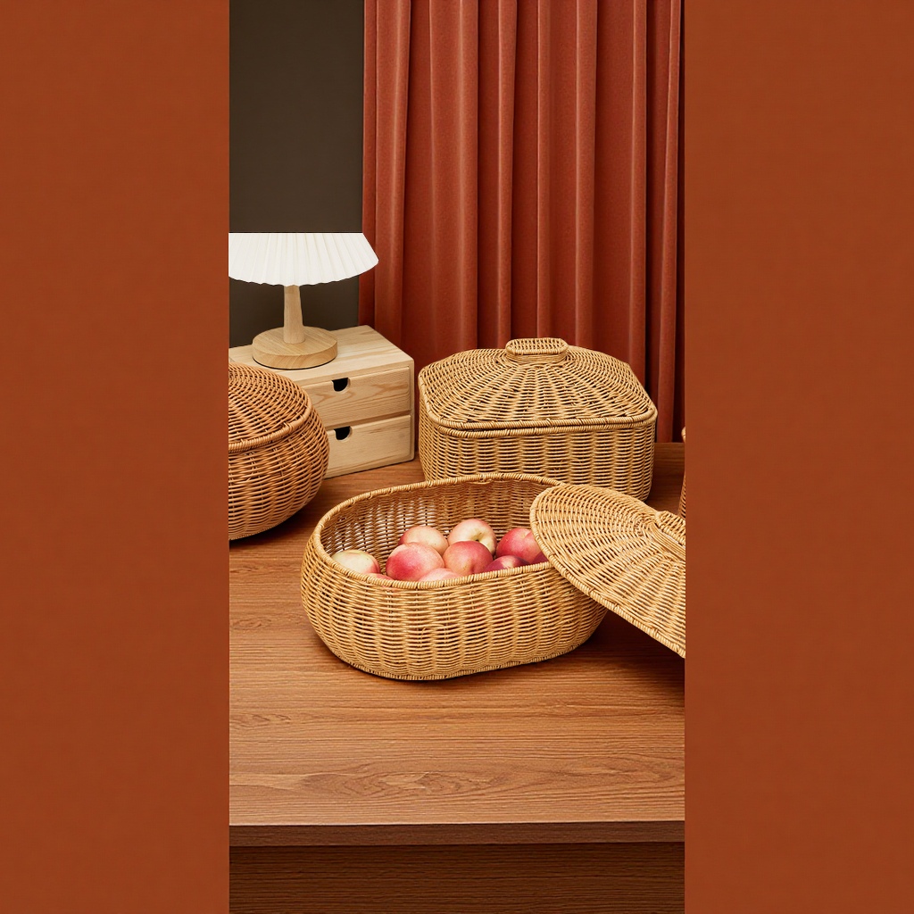 Fruit round rattan storage basket with lid, blue storage basket, jewelry, cosmetics, toys, sorting box, daily necessities, dust-proof storage basket details Picture