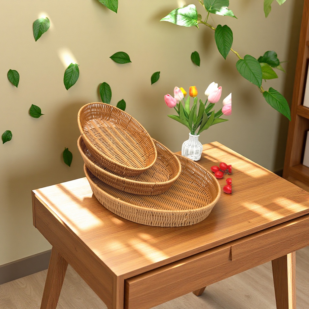 手工编织仿藤塑料圆形水果篮子零食面包收纳筐家用储物杂物工艺品礼品民间竹编