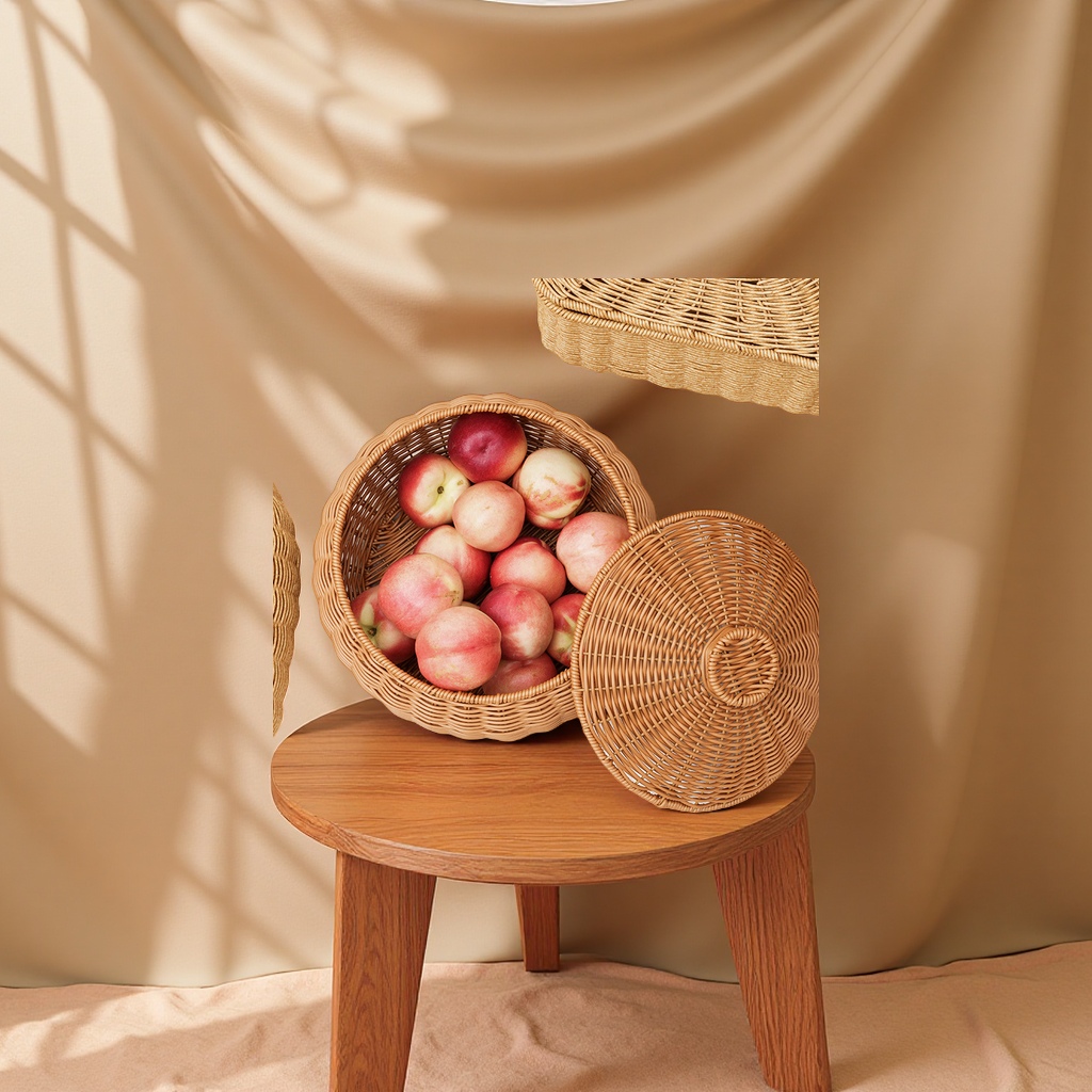 Fruit round rattan storage basket with lid, blue storage basket, jewelry, cosmetics, toys, sorting box, daily necessities, dust-proof storage basket Specification drawing