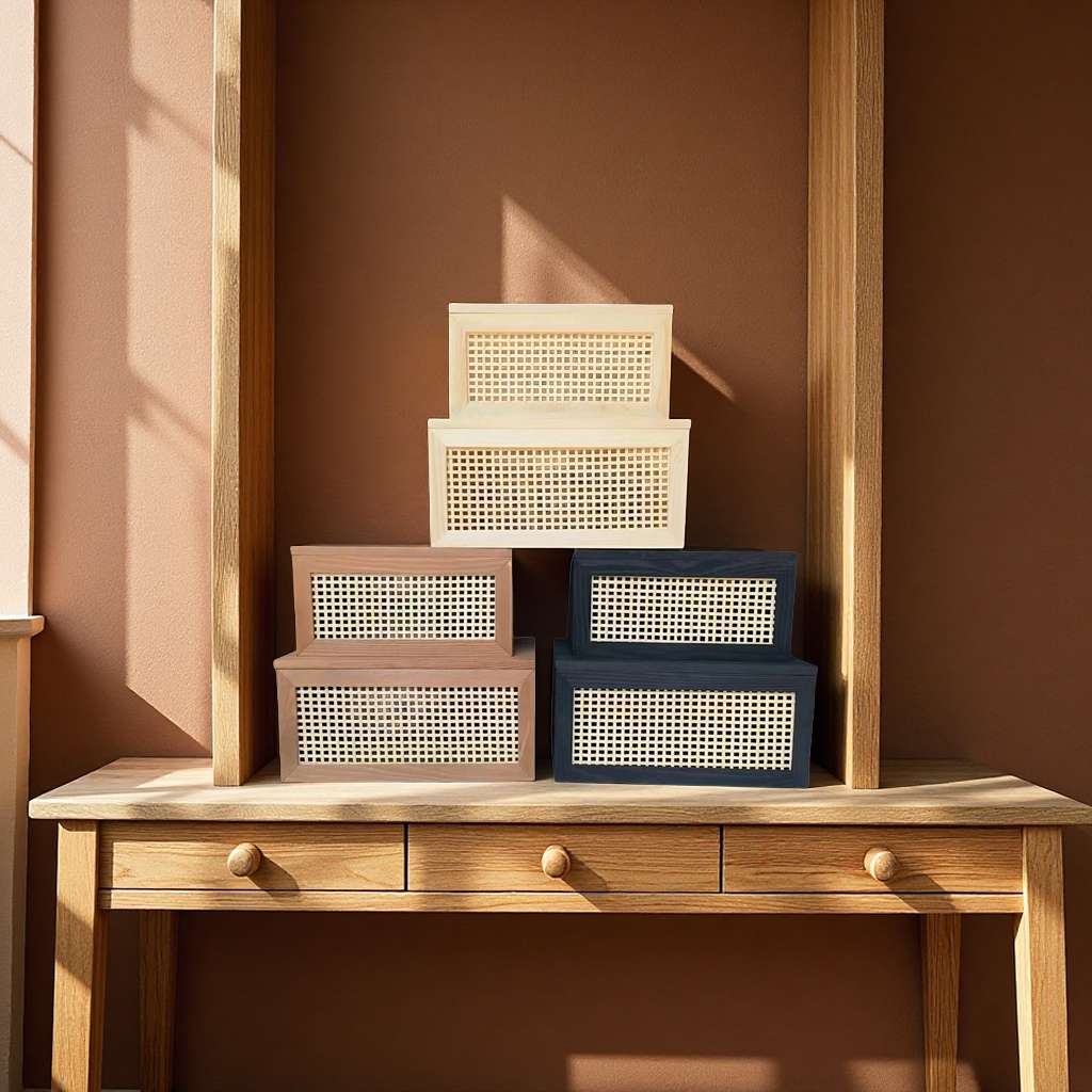 Retro rattan woven storage basket desktop, solid wood with lid, miscellaneous toys, book organization box, family storage box, simple furniture storage cabinet details Picture