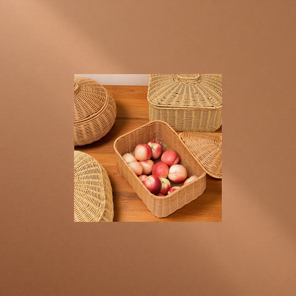 Fruit round rattan storage basket with lid, blue storage basket, jewelry, cosmetics, toys, sorting box, daily necessities, dust-proof storage basket Application Scenario