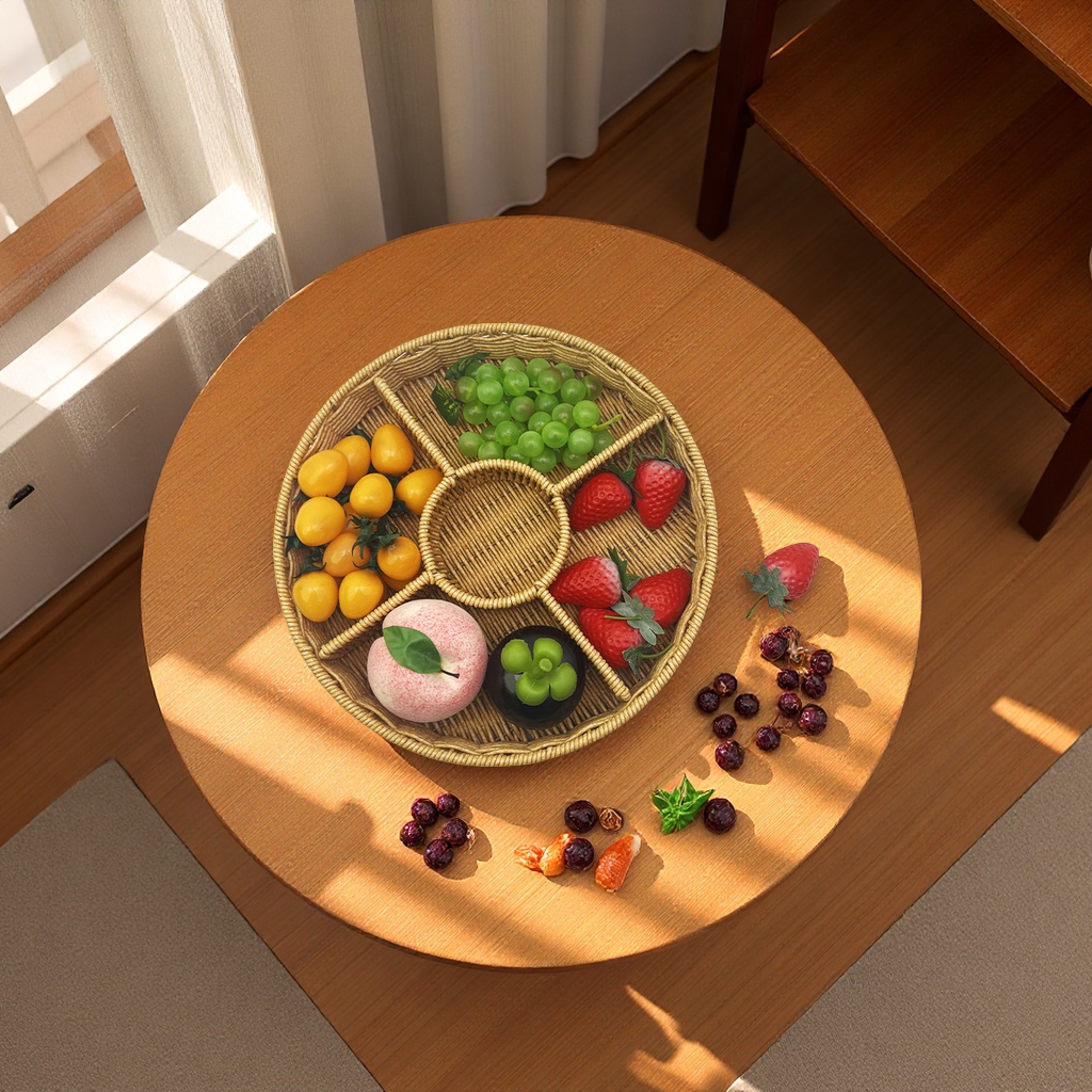 Imitation rattan woven fruit plate, multi-compartment storage basket, household coffee table, candy, dried fruit, snack plate, living room storage basket, dust-proof storage box details Picture