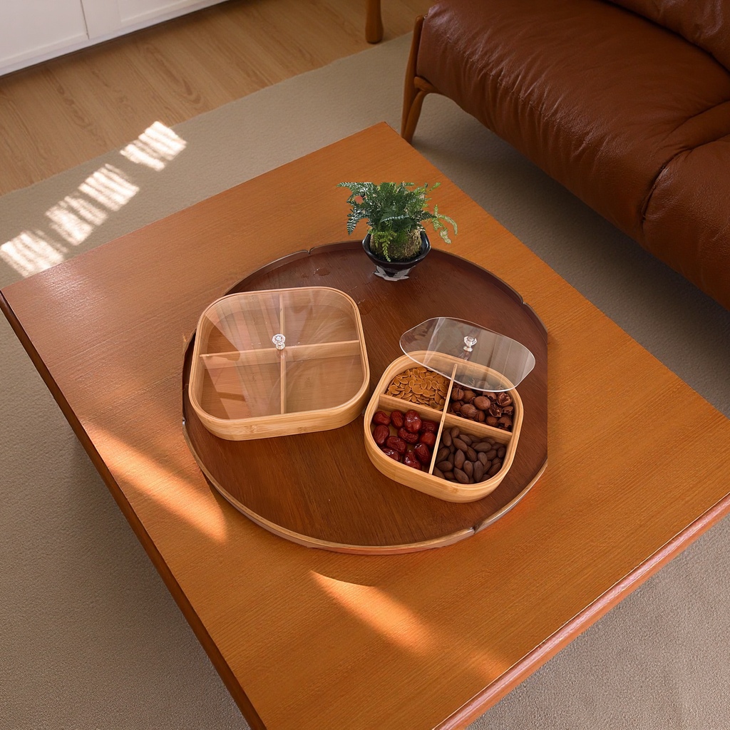 New Chinese-style household four-grid covered tray, tea and snack plate, candy and nut box, living room around the stove for tea, dried fruits, bamboo fruit plate, daily necessities and tableware full figure